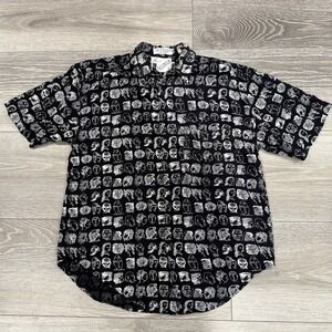 COOUCH Men's S Black White Face Print Rayon Button Up Shirt Short Sleeve Art Y2K
